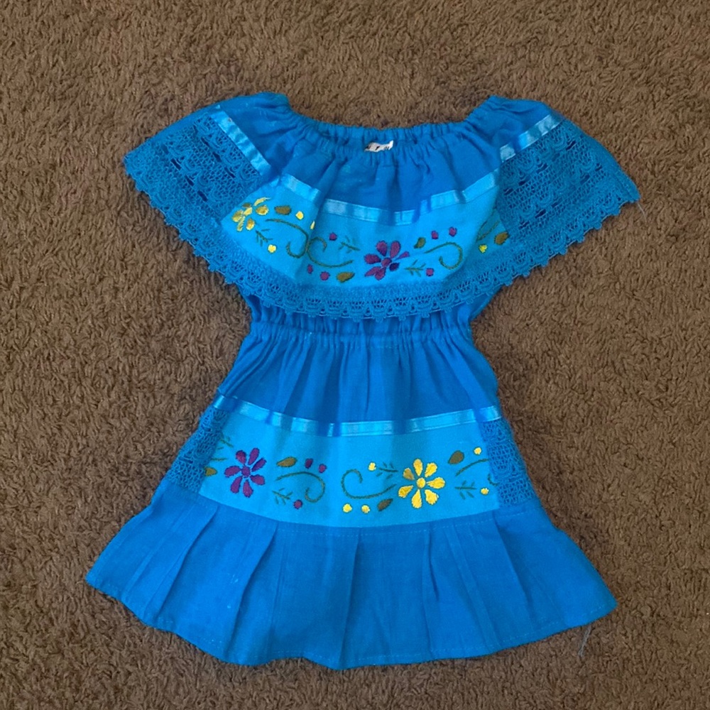 Blue off the shoulder embroidered dress. 12M
